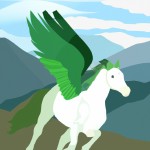 یک اسب پرنده با بال های سفید و سبز بالای کوه