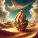 یک پسته لوکس با تم طلایی در کویر و شن های بیابان