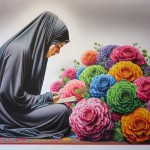 یک زن با حجاب کامل و چادر سیاه نشسته است و در حال عبادت است  و در کنارش پر از گل های رنگی است
