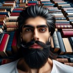 نمایی از مردی حدودا ۴۰ ساله با موهایی بلند که از پشت بسته و ریش پرپشت و کمی سفید و ابروهایی مشکی و کشیده و چشمانی نافذ که روی یک تخت دراز کشیده است اتاق او از کتاب های بسیار زیادی پر شده است به طوری که دور تا دور او کتاب هایی از زمین تا سقف چیده شده