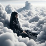 یک تصویر بساز از یک زن با حجاب و چادر سیاه که در میان ابر های آسمان نشسته است
