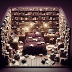 یک اتاق خواب با تم رنگی زرشکی و قهوه ای که میز کاری شلوغ و با کاغذ و کتاب های زیادی روی آن دیده میشود اتاق از کتاب های مختلفی پر شده است به این شکل که از زمین تا سقف کتاب چیده شده و در میان آنها تخت خوابی چیده شده