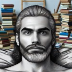 نمایی از مردی حدودا ۴۰ ساله با موهایی بلند که از پشت بسته و ریش پرپشت و کمی سفید و ابروهایی مشکی و کشیده و چشمانی نافذ که روی یک تخت دراز کشیده است اتاق او از کتاب های بسیار زیادی پر شده است به طوری که دور تا دور او کتاب هایی از زمین تا سقف چیده شده