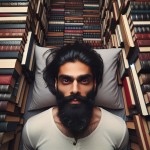 نمایی از بالا از مردی حدودا ۴۰ ساله با موهایی بلند که از پشت بسته و ریش پرپشت و کمی سفید و ابروهایی مشکی و کشیده و چشمانی نافذ که روی یک تخت دراز کشیده است و دور تا دور او کتاب ها از زمین تا سقف چیده شده است