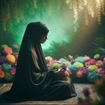 یک زن با حجاب کامل و چادر سیاه نشسته است و در حال عبادت در یک محیط با نور سبز است و در کنارش پر از گل های رنگی است