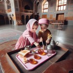 یک دختربچه چهار ساله ایرانی با روسری صورتی و برادر کوکش در اطراف میز چوبی، که روی میز یک رومیزی توری صورتی رنگ قرار دارد، در اتاق بزرگ و زیبا، روی میز یک ظرف عسل، چای و نان قرار دارد.