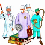 قرآنی درخشان را تصور کنید که توسط یک دکتر با کت سفید، یک سرباز با لباس نظامی، یک سرایدار با وسایل نظافت و یک رهبر مذهبی با لباس سنتی احاطه شده است.