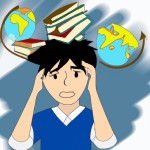 عکس دانش اموز پسر در حال فکر که دور سرش کتاب مداد  کره ی جغرافیا در چرخش هستند