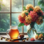 یک شیشه عسل کنار یک پنجره وجود دارد. یک گلدان پر از گل های زیبای مریم هم کنار شیشه عسل وجود دارد. هوای بیرون از اتاق هم بارانی است.