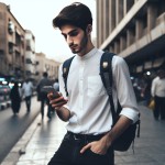 یک جوان ایرانی که کوله پشتی روی پشتش دارد با پیراهن سفید و شلوار مشکی کنار خیابان ایستاده است و گوشی تلفن همراه را در دست دارد