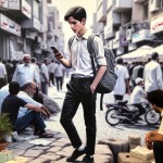 یک جوان ایرانی که کوله پشتی روی پشتش دارد با پیراهن سفید و شلوار مشکی کنار خیابان پر از ماشین ایستاده است و گوشی تلفن همراه را در دست دارد