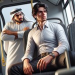 یک جوان ایرانی با پیراهن سفید و شلوار مشکی در اتوبوس ایستاده است و هندزفری در گوش خود گذاشته است و یک مرد عصبانی در پشت او در حال نگاه کردن به او می باشد
