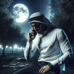 یک مرد ایرانی با پیراهن سفید و شلوار مشکی در حال پیاده روی در شب در یک پارک تاریک است و در حال صحبت با تلفن است