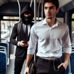 یک جوان ایرانی با پیراهن سفید و شلوار مشکی در اتوبوس ایستاده است و هندزفری در گوش خود گذاشته است و یک سارق در پشت او با هودی سیاه ایستاده است