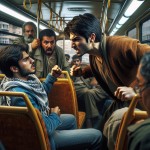 دو مرد جوان ایرانی در حال درگیری با هم در یک اتوبوس هستند