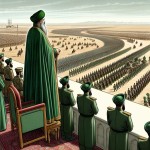 امام علی با لباس سبز در حال تماشای رژه ارتش خود در سکویی بلند همراه با مقاماتش