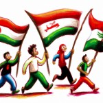 راهپیمایی مردم با در داشتن پرچم فلسطین لبنان و یمن