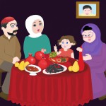 زن و شوهر و بچه و مادر بزرگ و پدر بزرگ در شب یلدا پشت میز با چهره