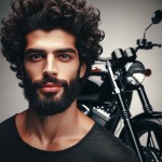 یک مرد با موهای فر و اندکی ریش مشکی و چشمان ریز مشکی با قد بلند با ملیت ایرانی در کنار موتور مشکی زیبا
