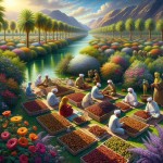 یه تصویر زیبا گل وگیاه و نخل و رودخانه که یک خانواده بلوچ کنار هم دارند خرما بسته بندی می کنند
