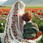 یک مادر محجبه پشتش به دوربین نشسته. چادر سفید روی سرش با طرح دونه‌های ریز انار. پسر ۴ ساله‌ش پشتش به دوربین. از بغل به مامان تکیه داده. موهای پسره خرمایی‌‌رنگ با ژاکت سبز و شلوار قهوه‌ای. دست مادر روی سر پسر قرار داره. زیرشون چمن و روبه روشون منظره‌ای از یک دشت لاله