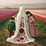 مادر محجبه پشتش به دوربین نشسته. چادر سفید با طرح دونه‌ انار. پسر ۴ ساله‌ و دختر ۷ساله‌ش پشت به دوربین. از بغل به مامان تکیه دادن. موهای پسر خرمایی‌‌. ژاکتش سبز. موهای دختر مشکی با پیرهن صورتی. دست مادر روی سر هردوشون. زیرشون چمن و روبه روشون منظره‌ای از یک دشت لاله