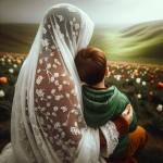 یک مادر محجبه پشتش به دوربین نشسته. چادر سفید روی سرش با طرح دونه‌های ریز انار. پسر ۴ ساله‌ش پشتش به دوربین. از بغل به مامان تکیه داده. موهای پسره خرمایی‌‌رنگ با ژاکت سبز و شلوار قهوه‌ای. دست مادر روی سر پسر قرار داره. زیرشون چمن و روبه روشون منظره‌ای از یک دشت لاله