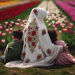 مادر محجبه پشتش به دوربین نشسته. چادر سفید با طرح دونه‌ انار. پسر ۴ ساله‌ و دختر ۷ساله‌ش پشت به دوربین. از بغل به مامان تکیه دادن. موهای پسر خرمایی‌‌. ژاکتش سبز. موهای دختر مشکی با پیرهن صورتی. دست مادر روی سر جفتشونه. زیرشون چمن و روبه روشون منظره‌ای از یک دشت لاله