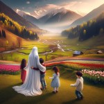 مادر محجبه پشت به دوربین نشسته.چادر سفید .۲تا پسر ۴ ساله‌ و ۵ساله و ۳تا دختر ۲ساله و ۷ساله و ۱۱ساله‌ش پشت به دوربین نشستن و دورِ مامن حلقه زدن و دستاشونو دادن بهَم. زیرشون چمن و روبه روشون منظره‌ای از یک دشت لاله