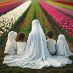 مادر محجبه پشت به دوربین نشسته.چادر سفید .۲تا پسر ۴ ساله‌ و ۵ساله و ۲ تا دختر ۷ساله و ۱۱ساله‌ش پشت به دوربین نشستن و دورِ مامان حلقه زدن. روی سرِ دخترِ بزرگتر چادره. زیرشون چمن و روبه روشون منظره‌ای از یک دشت لاله