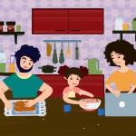 یک خانواده که باهم در آشپزخانه درحال پخت غذا هستند