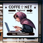 عکس پروفایل برای  مغازه خدمات اینترنتی که یک دختر با حجاب در آن با لپ تاب کار میکند و بزرگ خیره کننده پشت دیوار مغازه نوشته شده است cofe net taghavi و زیرش نوشته شده call:+989013062341