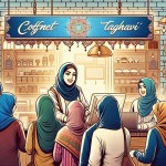 عکس پروفایل برای یک مغازه خدمات اینترنتی که یک دختر با حجاب در آن کار میکند و بزرگ خیره کننده پشت دیوار مغازه نوشته شده است cofenet taghavi و مشتری های با حجاب داخل مغازه هستن