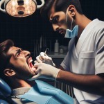 یک آقای دکتر داخل اتاق دندونپزشکی ایستاده و داره دندونِ بیمارش(آقا) رو می‌کشه در حالی که بیمار روی یونیت دراز کشیده، می‌کشه و بیمار محکم دست دکتر رو گرفته و میخواد مانع بشه چون درد داره و چهره‌ش از درد، سرخ شده. یک فضای تیره در اتاق هست
