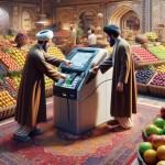 دو مرد ایرانی در حال کارت کشیدن در یک دستگاه pos در یک فروشگاه میوه فروشی بزرگ هستند