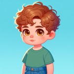 یه تصویر از یه پسربچه با چشای عسلی و صورت تپل و موهای چتری فرفری خرمایی و شلوار جین آبی و پیرهن سبز که روی زمین آبی ایستاده و  داره به سمت راست تصویر نگاه می‌کنه.