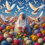 یک تصویر بساز از یک زن با حجاب سفید که میان گل های رنگارنگ قرار دارد و پرندگان سفید نورانی در بالای سر او میچرخند