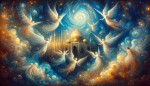 "Create a vibrant, Van Gogh-style sky with swirling stars and rich blues, blending smoothly with soft golden and white tones. The scene should include ethereal angels gracefully flying through the sky, subtly illuminated by the starry background, adding a touch of divine light. The entire atmosphere should feel mystical and spiritual, with some areas slightly brighter to symbolize celestial illumination over the Mosque of the Prophet."