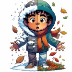 یک پسر ایستاده متعجب به دوربین نگاه می‌کنه و کلاه و پالتو تنشه و روی کلاهش برف نشسته (بالاتنه‌ش توی زمستونه) در حالی که پای راستش توی پاییزه و پای چپش توی تابستونه