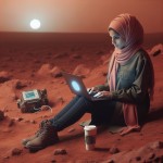 یه برنامه نویس که تو مریخ نشسته و داره با لپتاپ و یک لیوان استارباکس در دستش کد نویسی میکنه