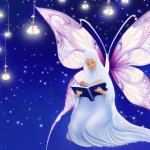 تصویر یک دختر محجه با چادر سفید گل دار روی بال پروانه ای شبیه فرشته ها در حال پرواز، شامل منظره ای بسیار رمانتیک و احساسی و پر انرژی، یک پروانه بسیار زیبا و نورانی که بال هایی سفید و درخشان دارد و یک دختر محجبه با چادر سفید گل دار روی بال های پروانه است و در حال قرآن خواندن است