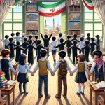 وفاق در مدرسه و تاثیر آن در آینده کشورمان ایران ( پس زمینه آن مدرسه است و دانش آموزان پسر دست در دست هم داده‌اند ) کتاب در اطراف وجود دارد و پرچم ایران هم وجود دارد