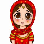 تصویر انیمشنی دختر ده ساله ایرانی با حجاب با لبای و تم یلدایی