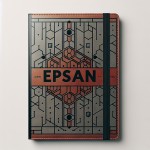 طراحی جلد دفتر چرمی با نام EPSAN فقط با استفاده از رنگ های خاکستری و کمی قرمز و طرح های لانه زنبوری و شیک