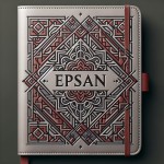 طراحی جلد دفتر چرمی با نام EPSAN و پس زمینه طوسی و قرمز و طرح های هندسی
