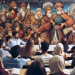 "تصویری از کلاس ادبیات با معلمی الهام‌بخش که در حال تدریس شاهنامه فردوسی است. تصاویری از فردوسی و شخصیت‌های حماسی در کلاس وجود دارد و دانش‌آموزان با اشتیاق گوش می‌دهند."