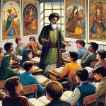 "تصویری از کلاس ادبیات با معلمی الهام‌بخش که در حال تدریس شاهنامه فردوسی است. تصاویری از فردوسی و شخصیت‌های حماسی در کلاس وجود دارد و دانش‌آموزان با اشتیاق گوش می‌دهند."