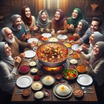 یک خانواده با حجاب پر جمعیت با نشاط و با حال خوب دور یک سفره با غذای آبگوشت