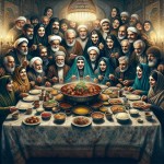 یک خانواده محجبه ایرانی پر جمعیت دور یک سفره با غذای آبگوشت