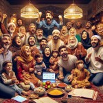 یک خانواده پر جمعیت ایرانی پر نشاط در حال آموزش دیدن سلامت و طب اسلامی